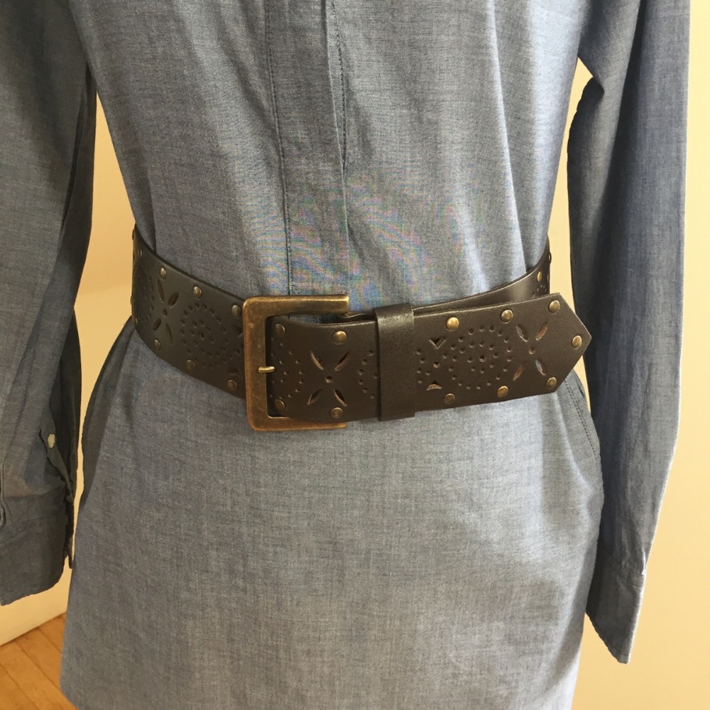 rich dark brown 2” wide perforated studded leather